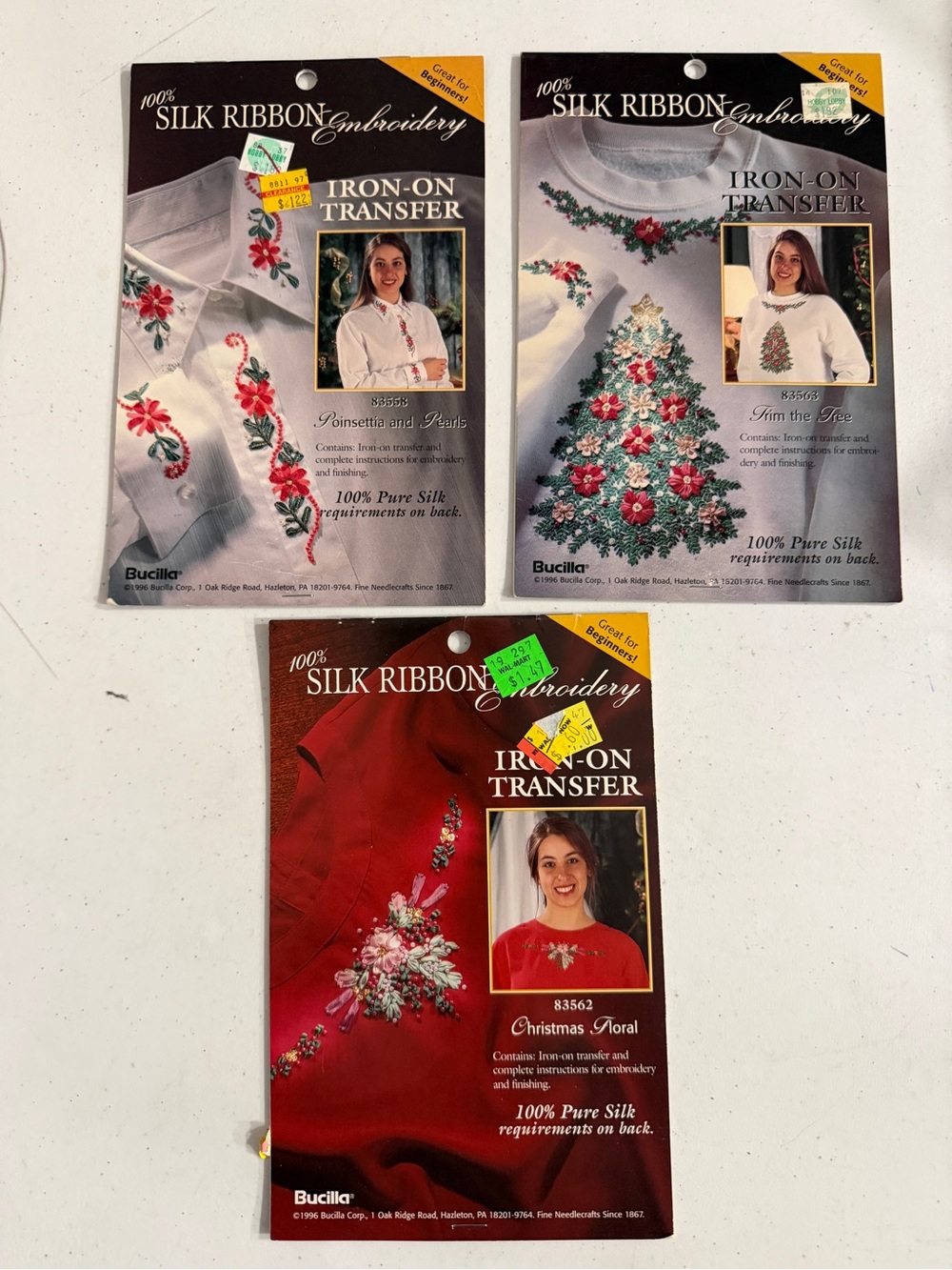 Lot of 3 Bucilla Silk Ribbon Embroidery Christmas Wearable Iron on Transfers